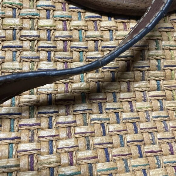 FOSSIL Brown Woven Wicker Handbag w/ Wooden Round‎ Handles Leather Trim Y2K Boho - Picture 15 of 16